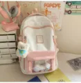 Pink white polka dot bow double shoulder backpack variant with clear front display window. - Pink + Bow Bone + Greedy Bear