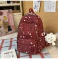 Japanese style dark red star print backpack lightweight school bag for daily commuting student - Small Without Pendant / Red