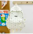 Japanese style minimalist canvas backpack with cute polka dots and bow print for daily use. - No Pendant / S / Beige
