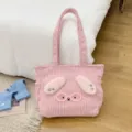 Pink corduroy tote bag with cute bunny ears and glasses design, perfect for lunch or daily use. - Pink