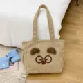 Cute cartoon corduroy tote bag for women, lovely bento lunch handbag with funny bear design. - Khaki
