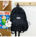 Black polka dot backpack with cute bow patterns and plush pendant for daily school use. - With Charm / S / Black