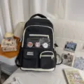 Korean style black student backpack with clear window pocket and cute badges variant. - No Pendant / Black