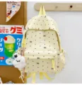 Light yellow polka dot bow school backpack with cute fluffy bear pendant for girls - With Charm / S / Yellow