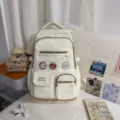Korean style casual white school backpack for students, versatile and high capacity bag. - No Pendant / Off White