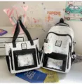 Korean style sweet polka dot ita bag set with clear window, tote and backpack for daily use. - 2-Piece Set Black + 2 Bow Bones + 1 Greedy Bear