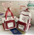 Sweet ins style red polka dot ita bag set, large capacity backpack and cute tote bag variant. - 2-Piece Set Red + 2 Bow Bones + 1 Greedy Bear