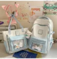 Sweet style ita bag set with clear window, large capacity backpack and tote bag for daily use. - 2-Piece Set Blue + 2 Bow Bones + 1 Greedy Bear