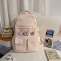 Pink Korean ins style school backpack with transparent front pocket and cute badge decorations. - No Pendant / Pink