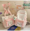 Ins style cute pink ita backpack and tote bag set with clear window for daily use - 2-Piece Set Pink + 2 Bow Bones + 1 Greedy Bear
