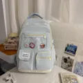 Light blue student school backpack with multi pockets and cute badges for daily use. - No Pendant / Blue