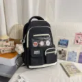 Korean style high-capacity student school backpack two-piece set with clear window and cute pendants. - With Charm / Black