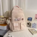 Pink student school backpack with transparent window and cute badges, versatile daily casual bag. - With Charm / Pink