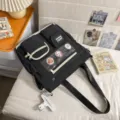Black canvas school bag with clear window and multi pockets, stylish student tote backpack. - Tutoring Bag / Black