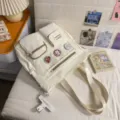 Korean style ins canvas tote shoulder bag multi-pocket casual student backpack white - Tutoring Bag / Off White
