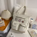 Aesthetic canvas tote bag multi-pocket casual school backpack for students daily use. - Cram School Bag with Pendant / Off White