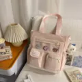 Pink canvas tote bag student school backpack with cute badges and plush pendant, stylish. - Cram School Bag with Pendant / Pink