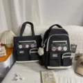 Korean style school backpack and tote bag set, black white design with clear front pockets. - Two-Piece Set / Black