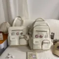 Korean ins style canvas backpack and tote bag two piece set in creamy white with cute bear - Two-Piece Set / Off White