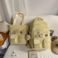 Yellow canvas student backpack and tote bag set, cute design with badges for daily school use. - Two-Piece Set / Yellow