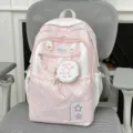 Pink star print school backpack with cute mini pouch and front pockets for daily student use. - No Pendant / Pink