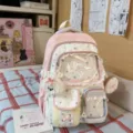 Cute sweet pink ita backpack with star print lace clear window student school bag - With Pendant / Pink