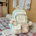 Cute pastel pain backpack with stars lace and clear window, sweet style school bag. - With Pendant / Green