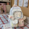 Cute pastel ita backpack with clear window, star print, lace trim and cute plush dog charm. - With Pendant / Blue