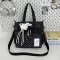 Japanese style black star canvas tote bag with shoulder strap and cute plush pendant. - Cram School Bag with Pendant / Black