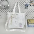 Japanese style white canvas tote bag with star pattern, cute plush pendant and crossbody strap. - Cram School Bag with Pendant / White