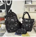 Cute school backpack set for teen girls, casual black bookbag with pink stars and matching tote. - 3-Piece Set Black + Pendant