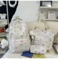 Cute aesthetic school backpack set for teenage girls, casual student bookbag daily commute. - 3-Piece Set White + Pendant