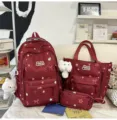 Cute campus style red school backpack set with tote bag and pencil case for student daily use. - 3-Piece Set Red + Pendant