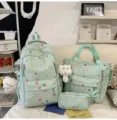 Cute mint green student backpack set with tote bag and pencil case for daily commute. - 3-Piece Set Green + Pendant