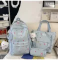 College style lightweight cute student backpack set with tote bag and pencil case blue star print - 3-Piece Set Blue + Pendant