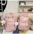 Pink cute school backpack set for teen girls, casual student bookbag and travel daypack. - 3-Piece Set Pink + Pendant