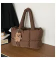 Brown quilted puffer tote bag, soft padded pillow shoulder bag with cute dog charm. - With Pendant / Brown