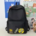 Black canvas casual backpack large capacity student school bag with trendy embroidered patches - No Pendant / Black