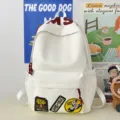 Minimalist canvas backpack with patches, large capacity school bookbag for students. - No Pendant / White