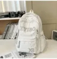White star print canvas backpack stylish school bag casual daypack for women and teens - White (No Pendant)