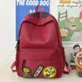 Korean ins style simple red backpack, large capacity student schoolbag with trendy patches. - No Pendant / Red