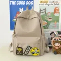 Khaki canvas student backpack with custom patches, large capacity casual daypack for school. - No Pendant / Khaki