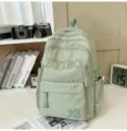 Light green canvas backpack for school students with star print and spacious laptop compartment. - Green (Without Pendant)
