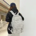 Grey camouflage backpack, casual daily travel school bag for students and adults. - Large With Pendant / White