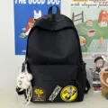 Korean style black backpack with patches and large capacity for student school and daily use. - With Pendant / Black