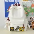 Korean style simple white backpack large capacity casual student school bag with cute bear pendant - With Pendant / White