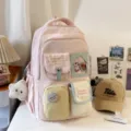 Pink multi-pocket student school backpack with plush star pendant and cute badges. - Pendant Style / Pink