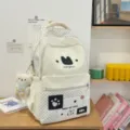 Grazioso zaino bianco a pois con ricamo di gatto e ciondolo orsetto per le giovani ragazze. - con portachiavi / Bianco