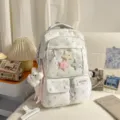 Korean ins style star print white school backpack with cute bunny pendant and clear pocket. - Purple + Pendant + Star