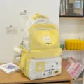Zaino scolastico giallo a pois per ragazze, simpatico ricamo di coniglio con ciondolo orsetto. - con portachiavi / Giallo